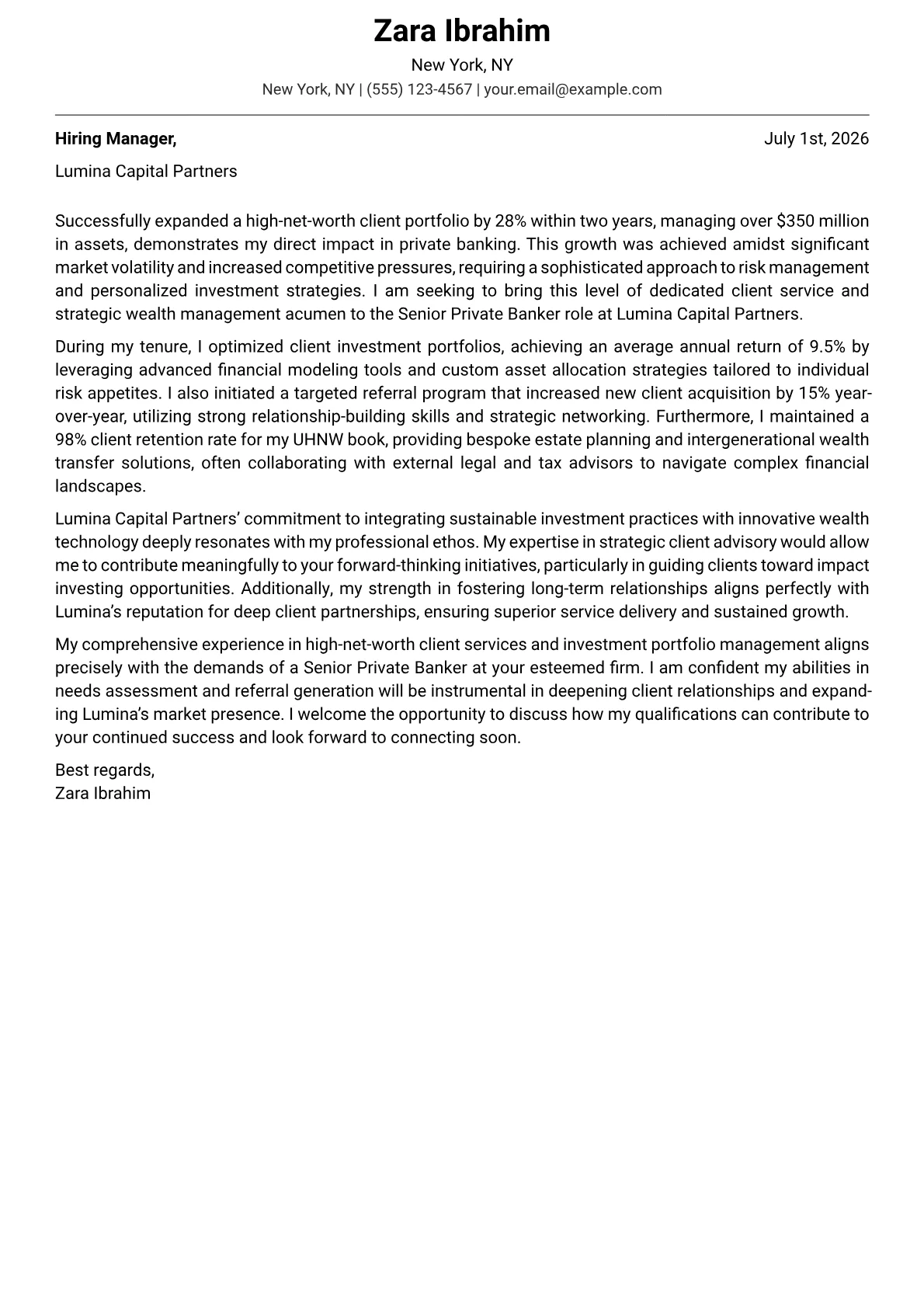 Private Banker cover letter formatted with a JobSprout template