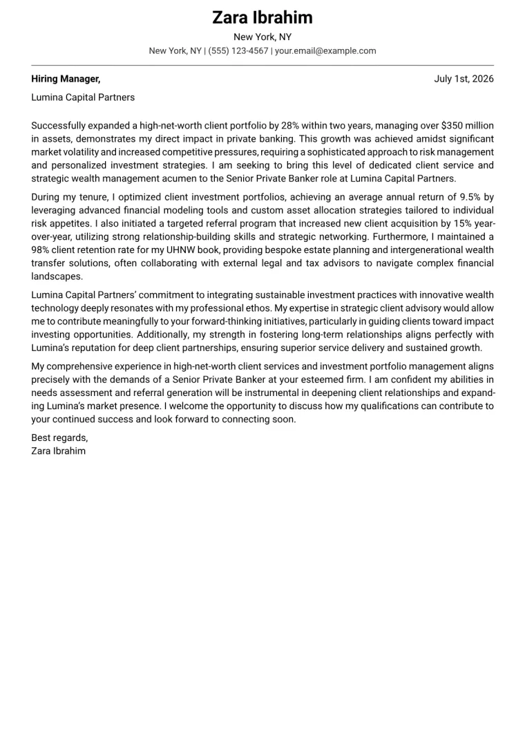 Private Banker cover letter example preview