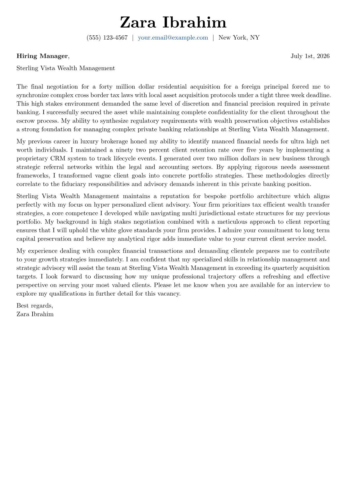 Private Banker cover letter in the Basic design