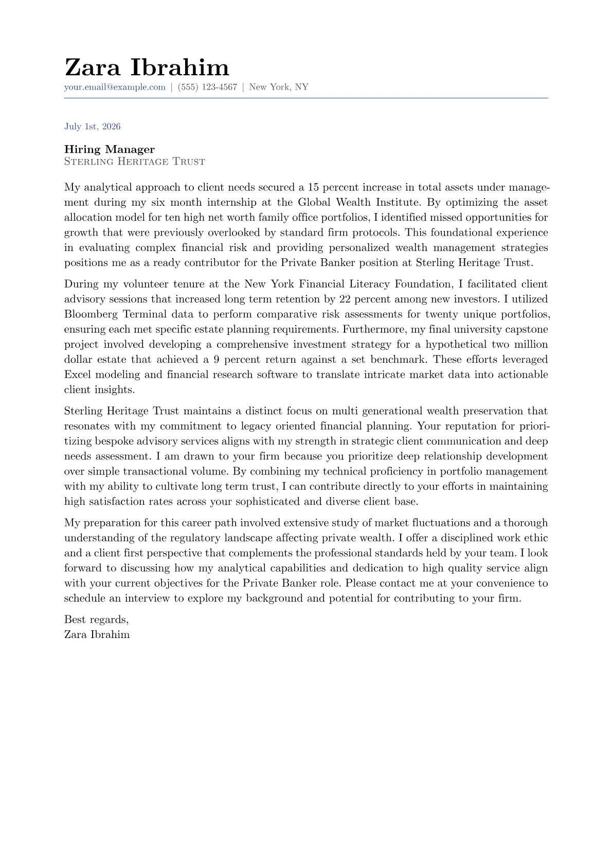 Private Banker cover letter in the Classic design