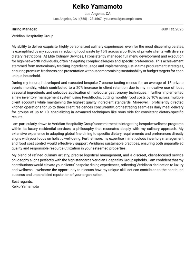 Private Chef Cover Letter Example