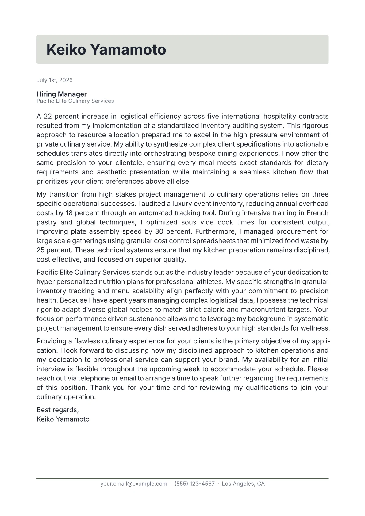 Private Chef cover letter in the Letterhead design