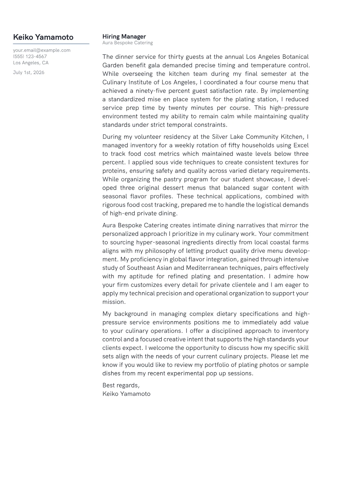Private Chef cover letter in the Margin design