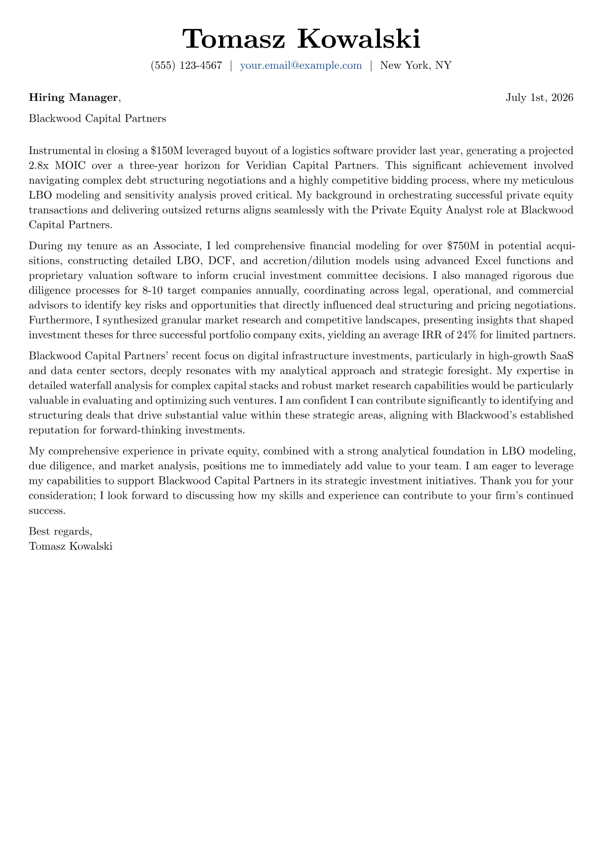 Private Equity Analyst cover letter formatted with a JobSprout template
