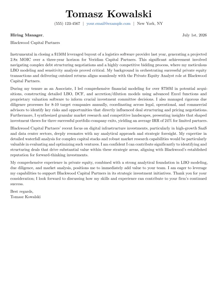 Private Equity Analyst cover letter example preview