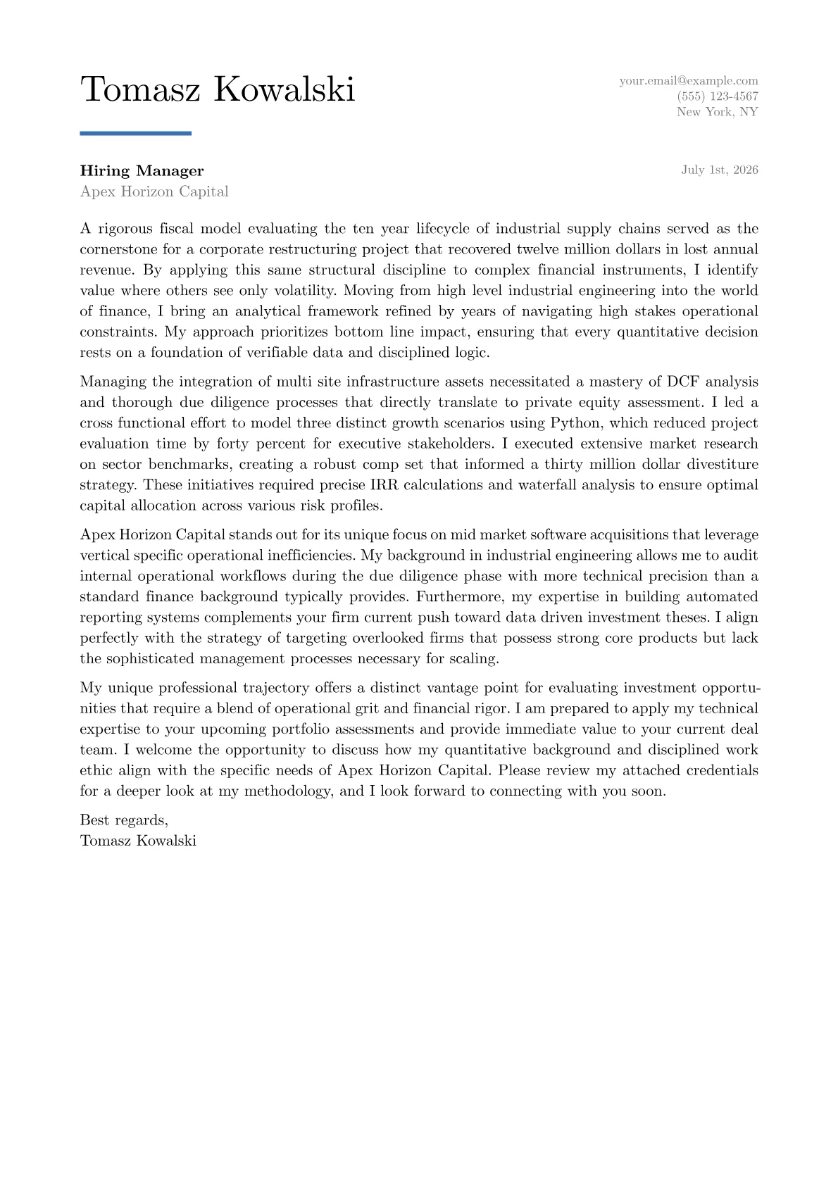 Private Equity Analyst cover letter in the Executive design