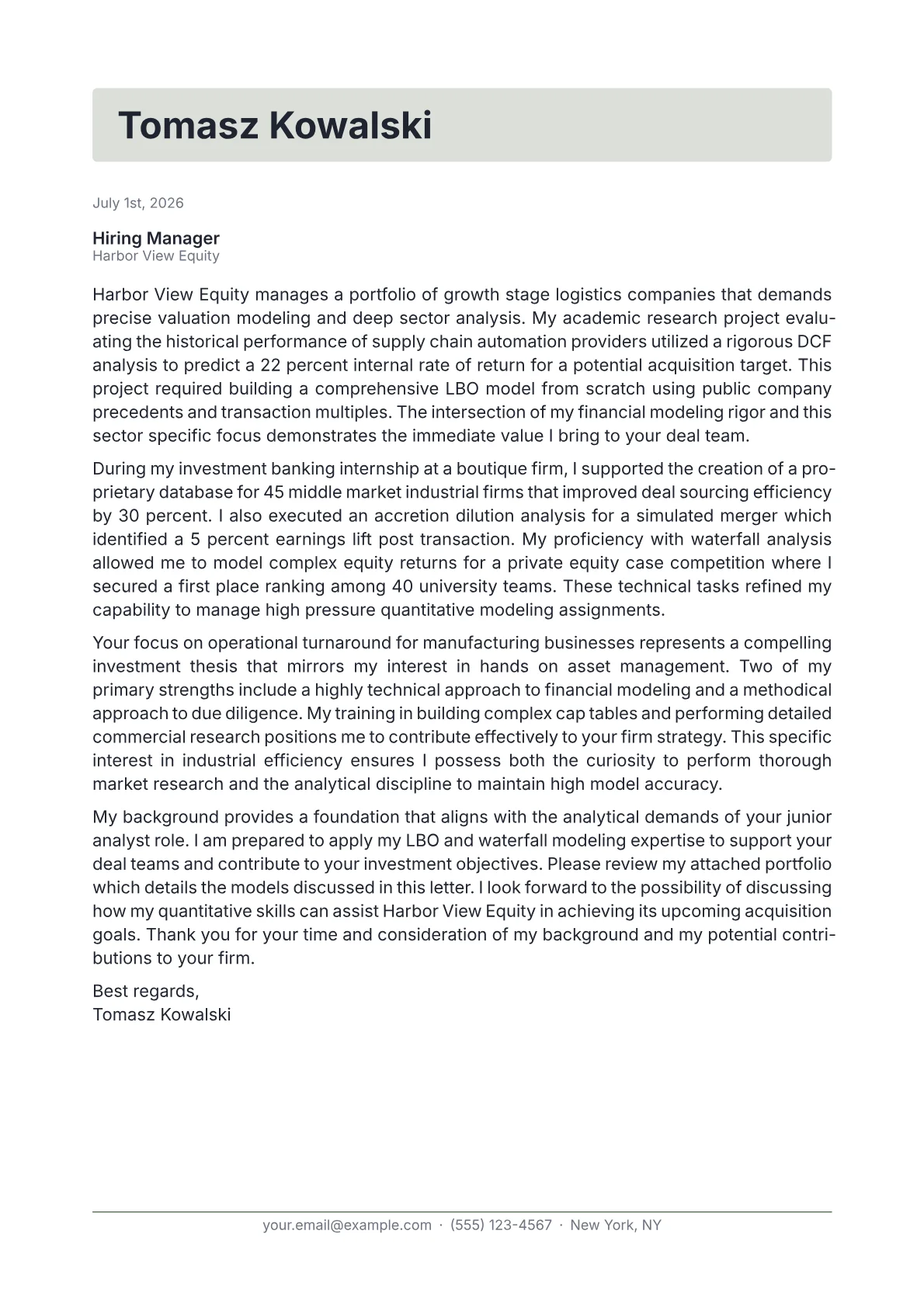 Private Equity Analyst cover letter in the Letterhead design