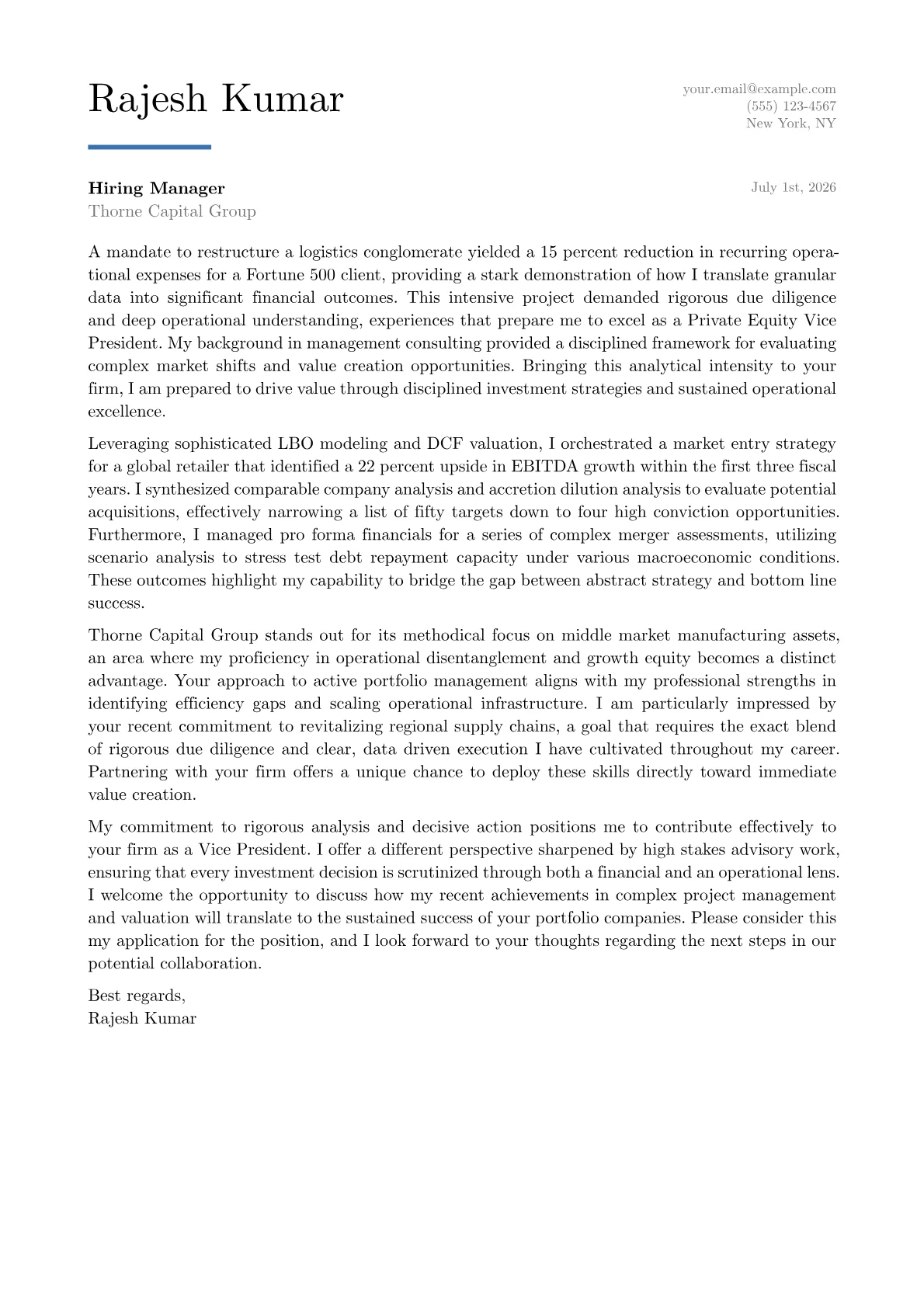 Private Equity VP cover letter in the Executive design