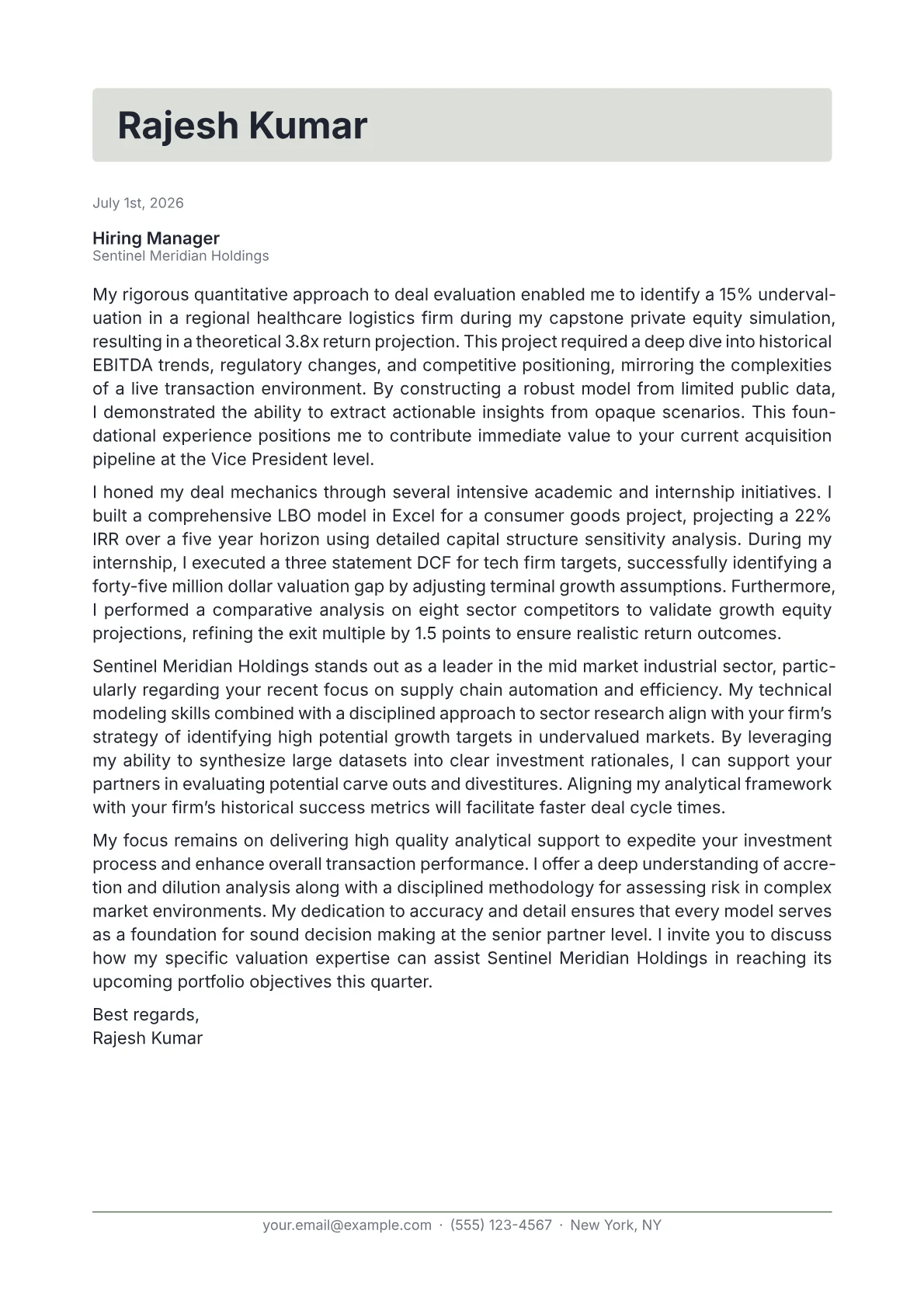 Private Equity VP cover letter in the Letterhead design