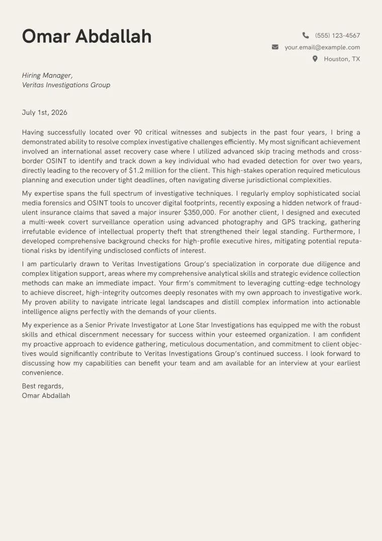 Private Investigator cover letter example preview