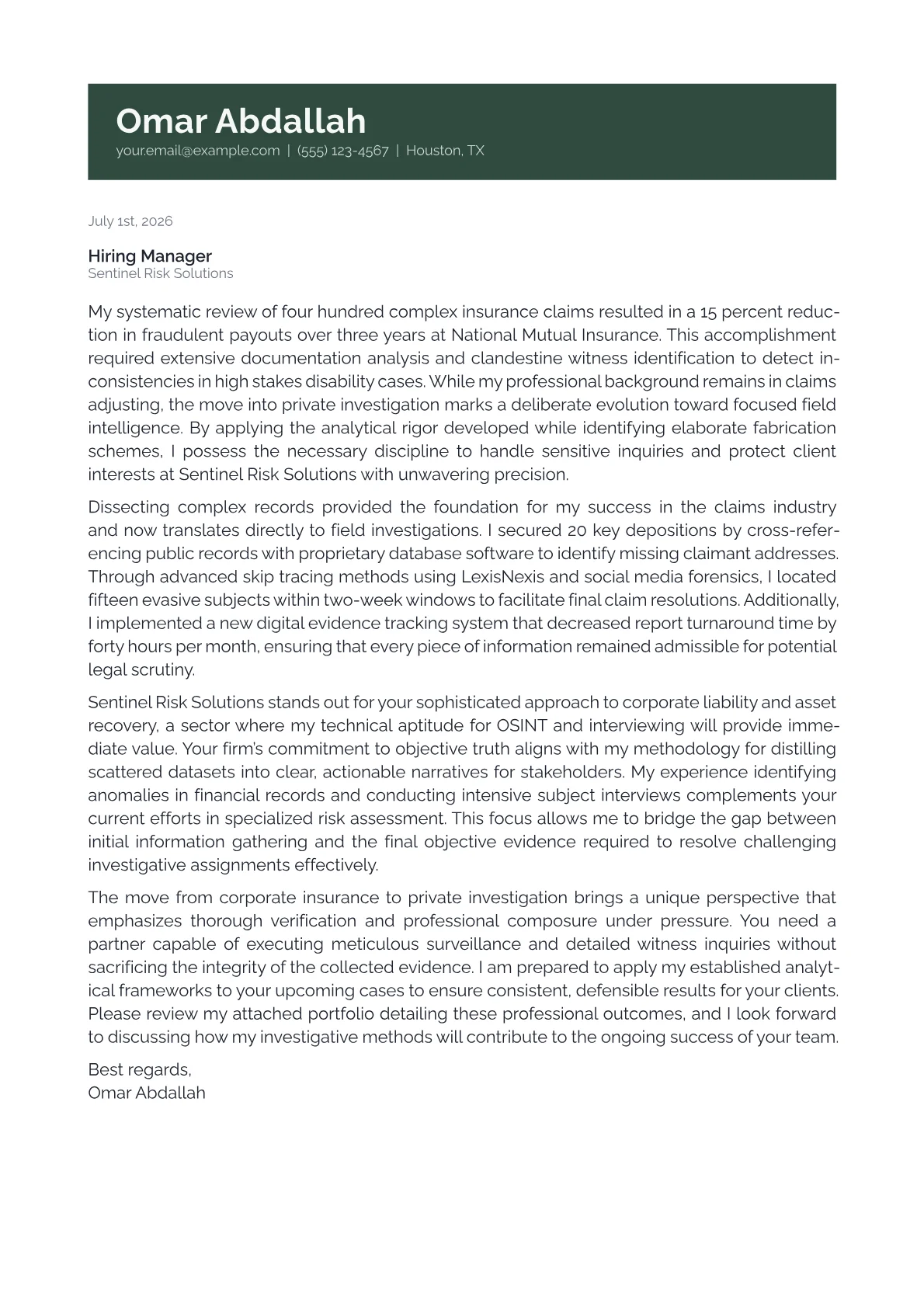 Private Investigator cover letter in the Banner design
