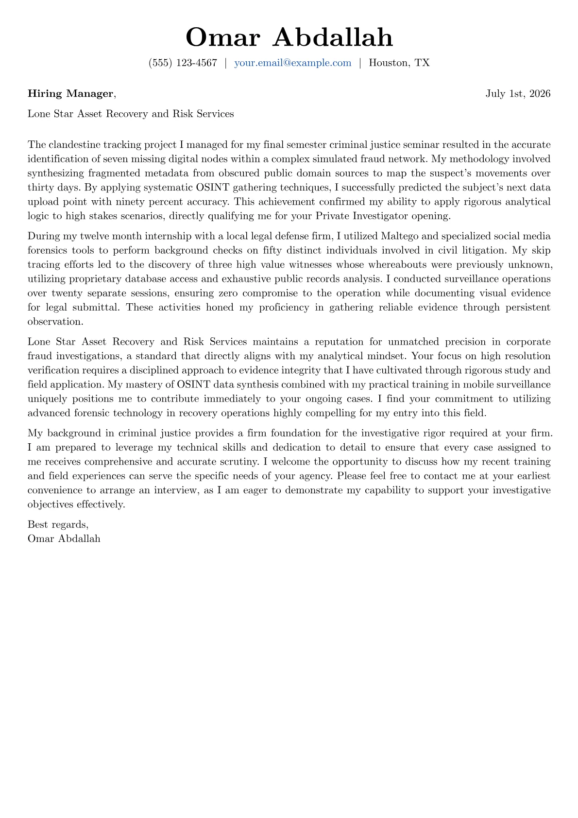 Private Investigator cover letter in the Basic design