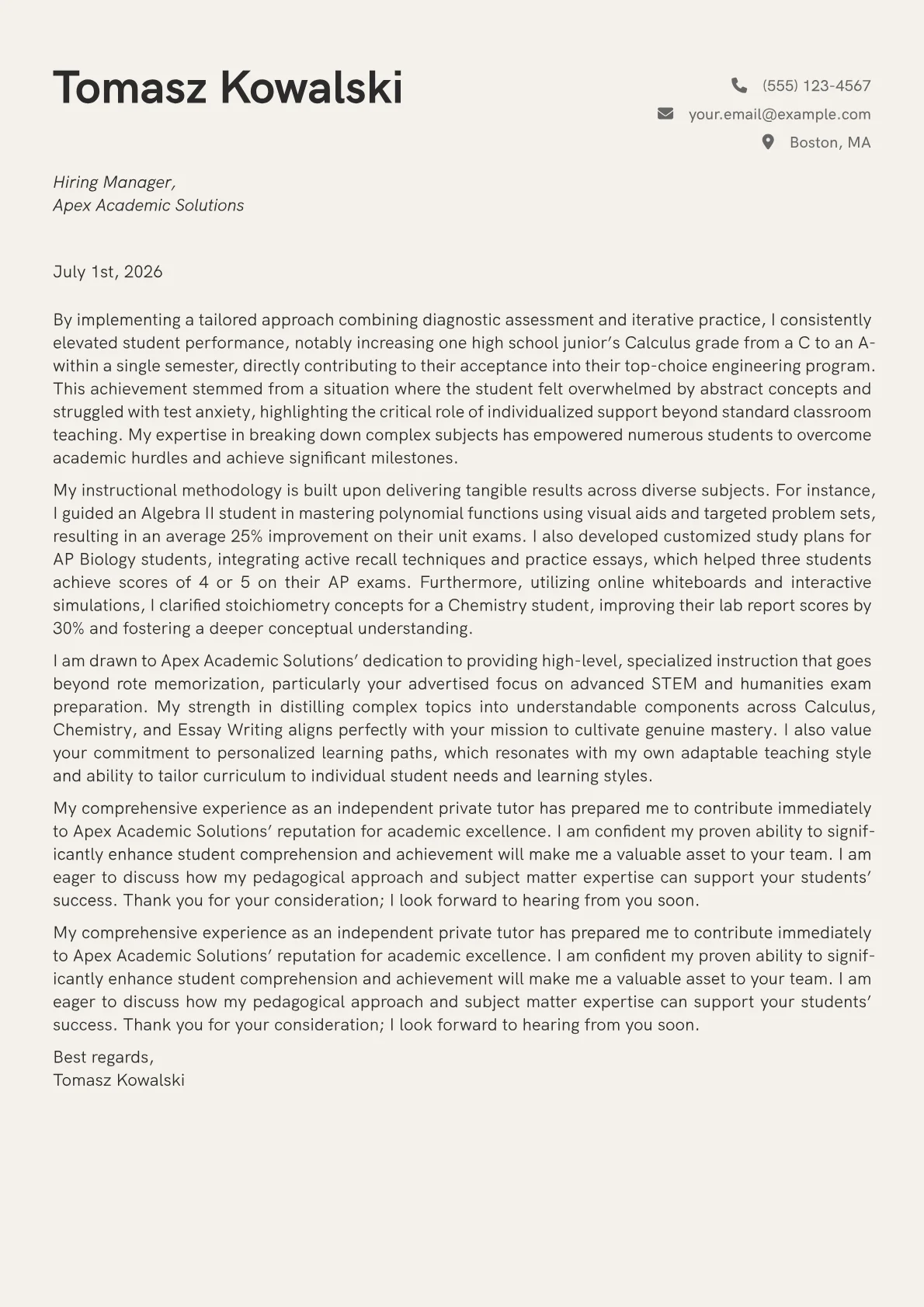 Private Tutor cover letter formatted with a JobSprout template