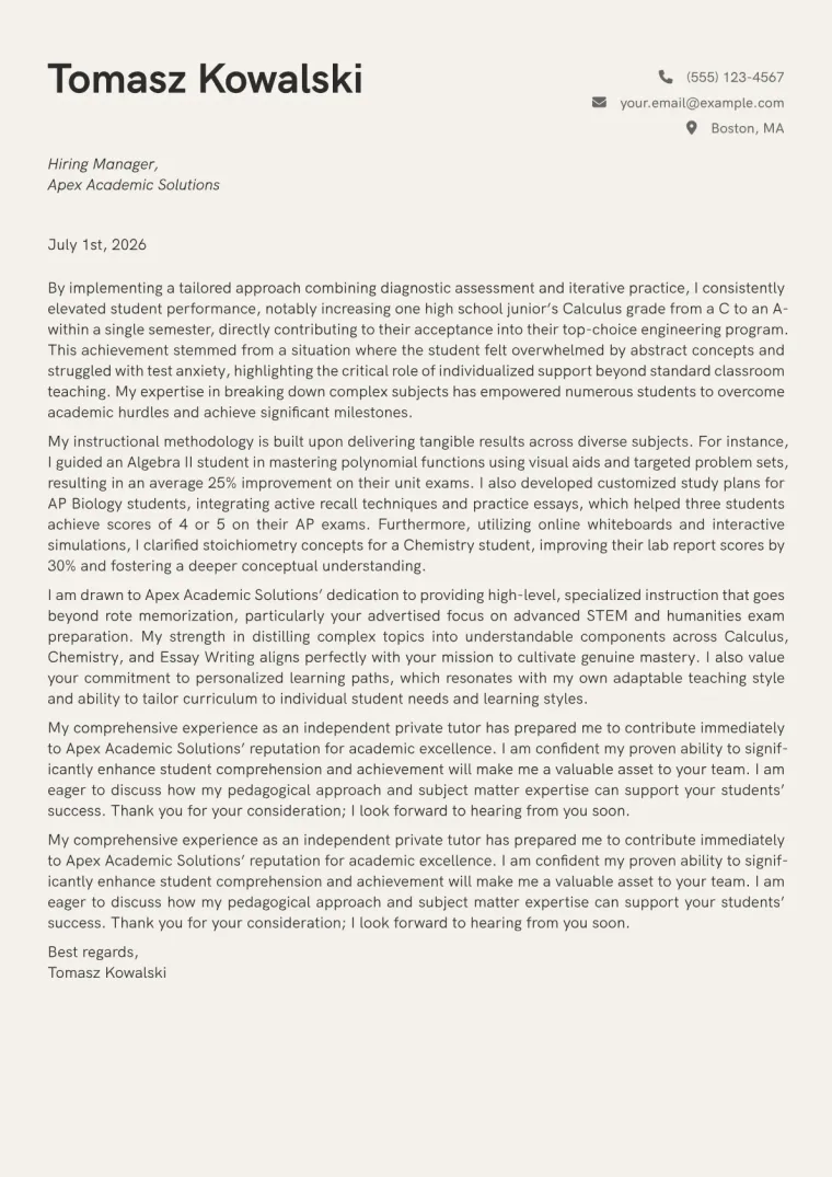 Private Tutor Cover Letter Example