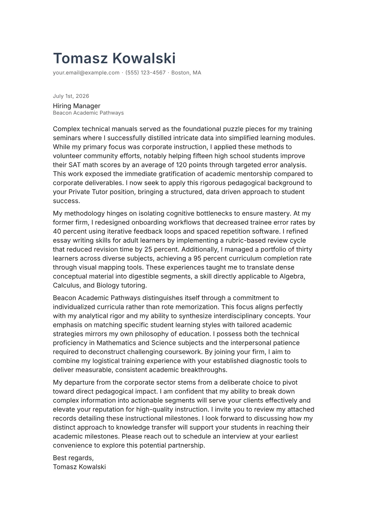 Private Tutor cover letter in the Minimal design