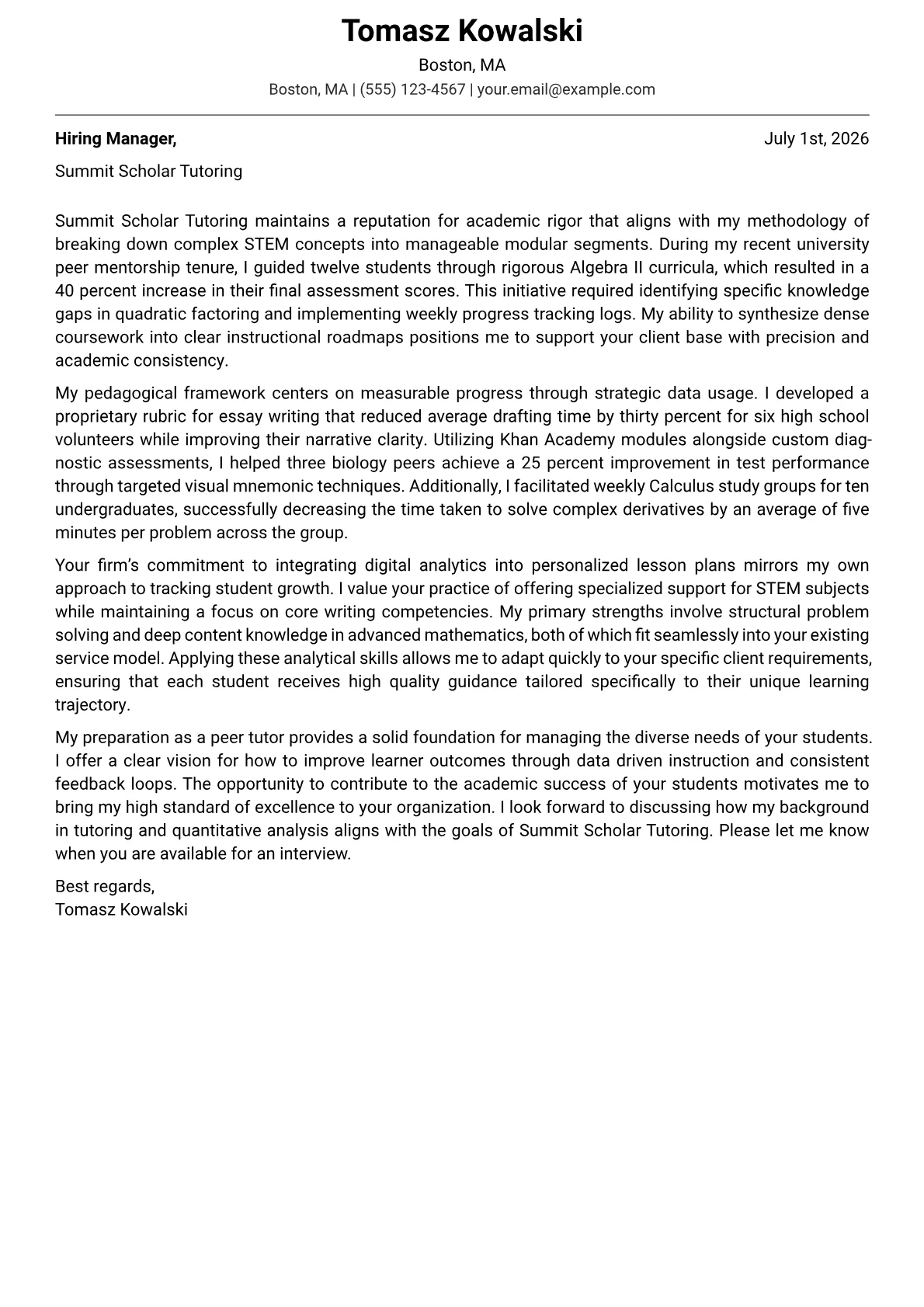 Private Tutor cover letter in the Modern design