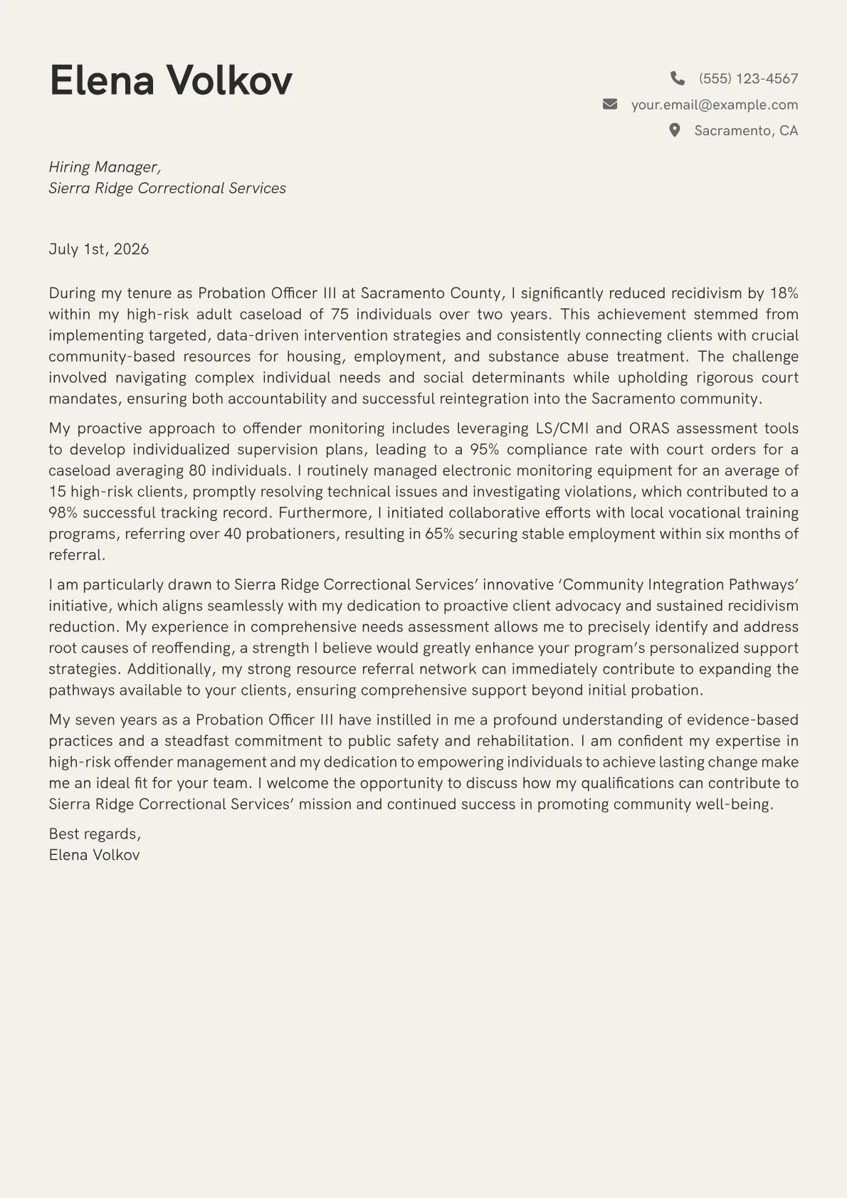 Probation Officer cover letter formatted with a JobSprout template