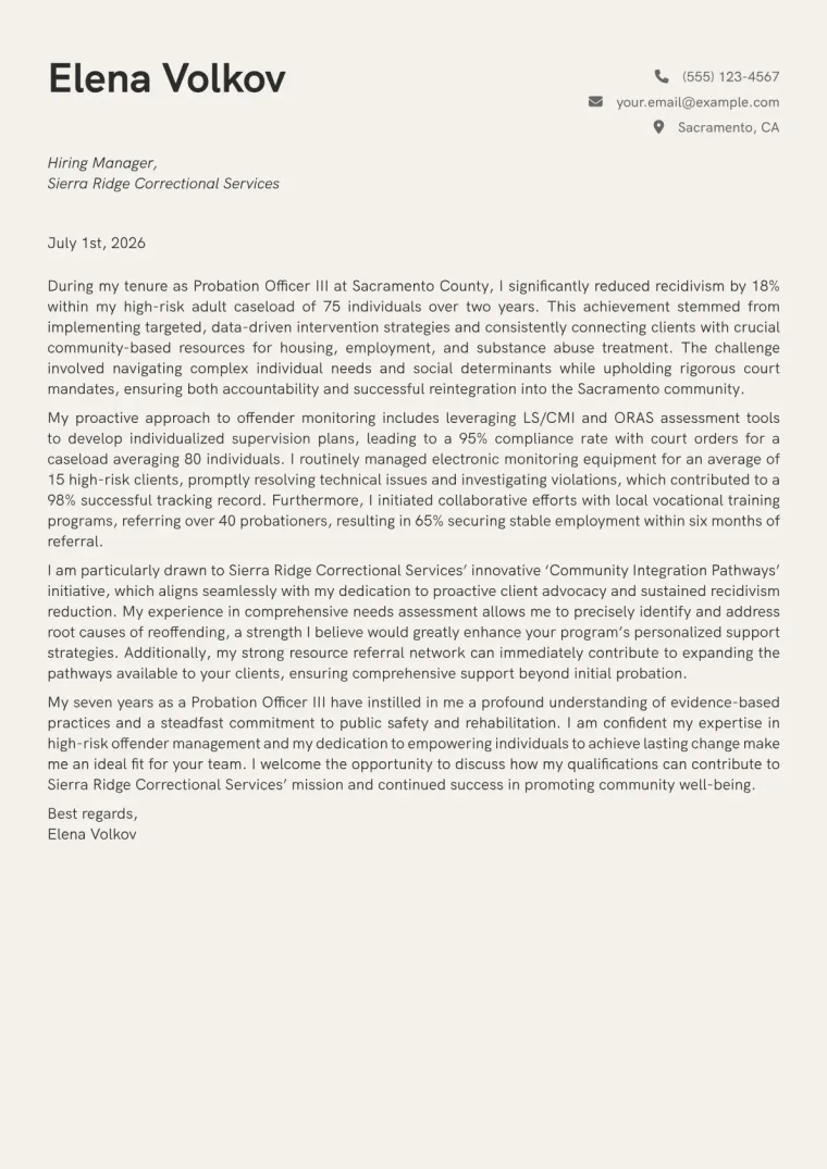 Probation Officer Cover Letter Example