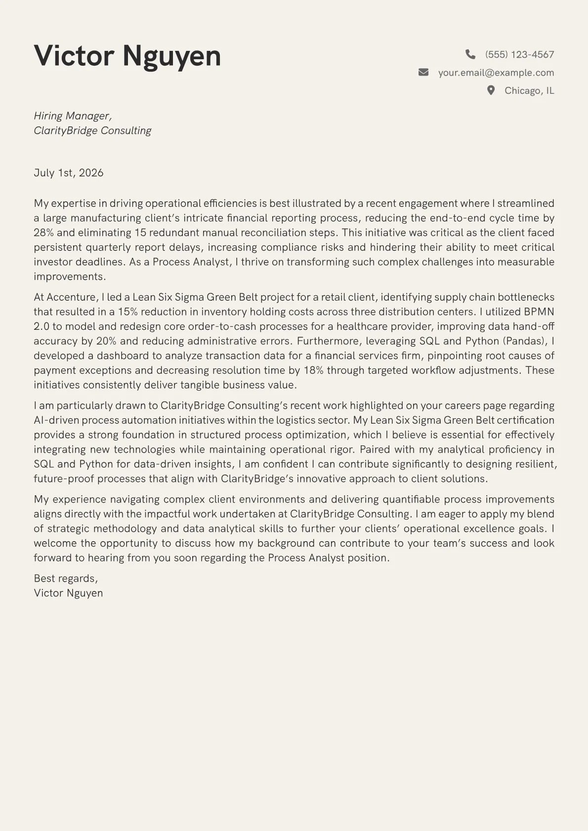 Process Analyst cover letter formatted with a JobSprout template