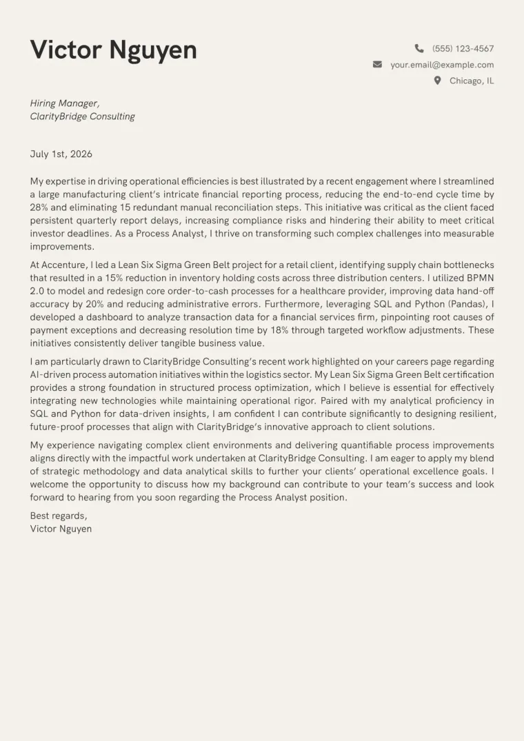 Process Analyst cover letter example preview