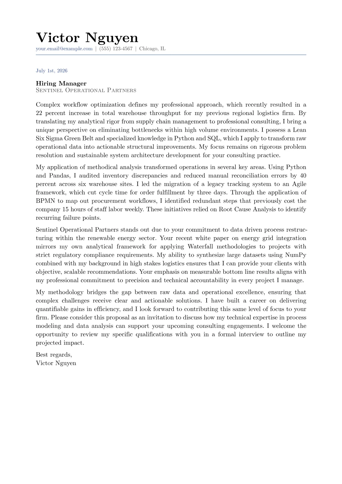 Process Analyst cover letter in the Classic design