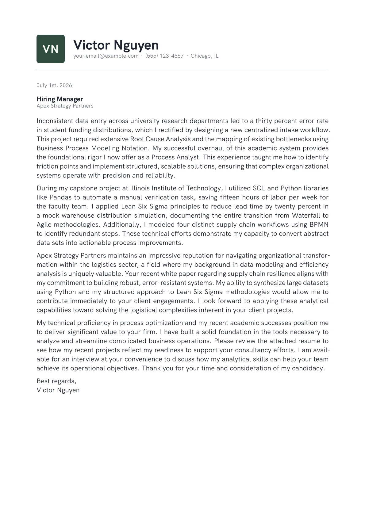 Process Analyst cover letter in the Emblem design