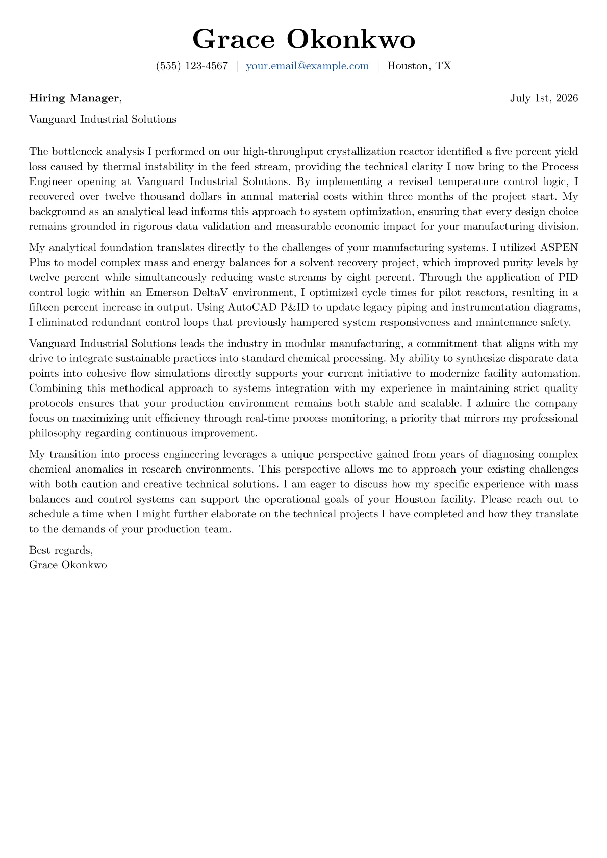 Process Engineer cover letter in the Basic design