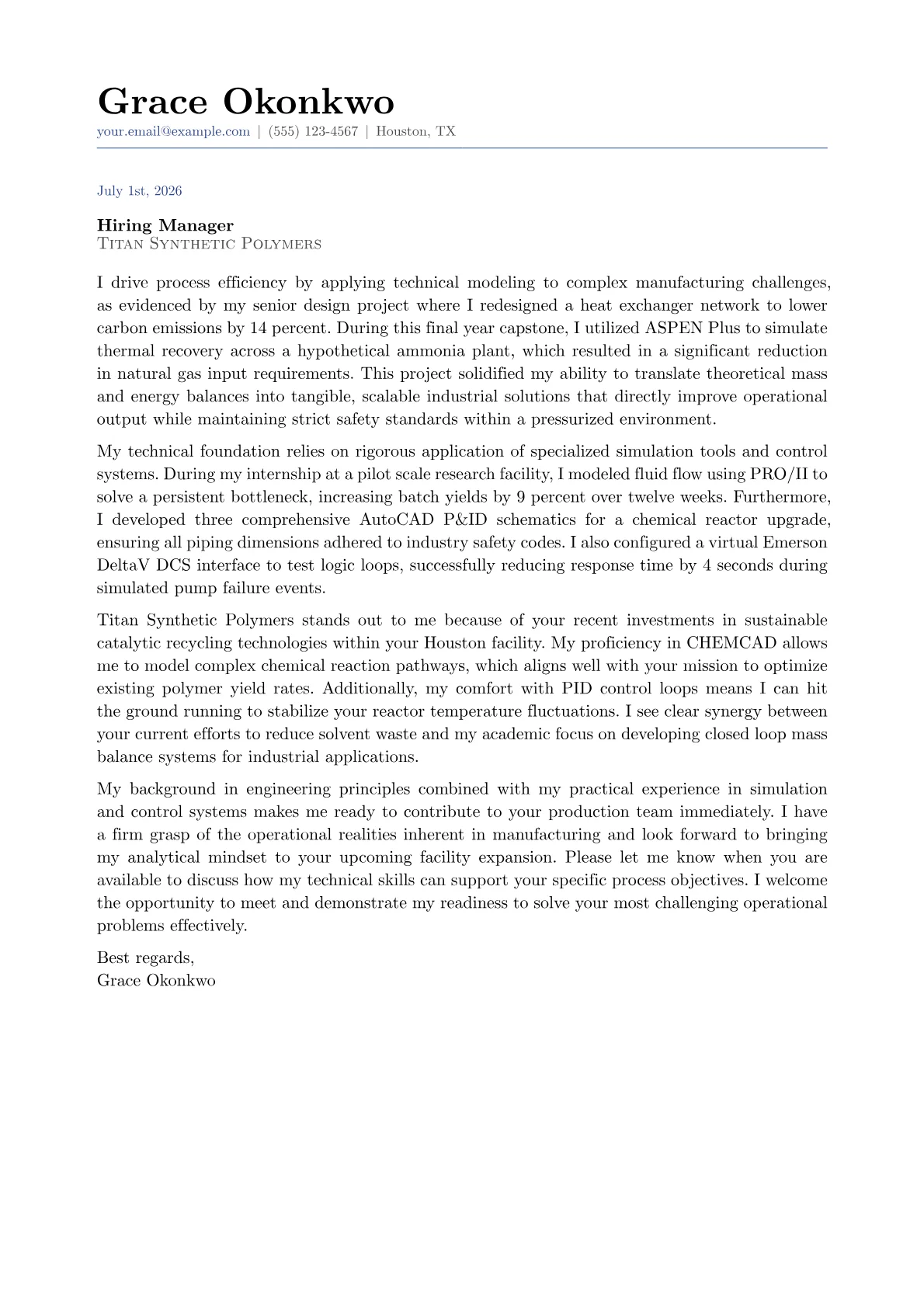 Process Engineer cover letter in the Classic design