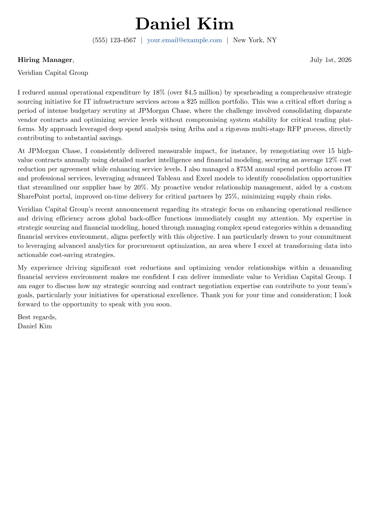 Procurement Analyst cover letter formatted with a JobSprout template