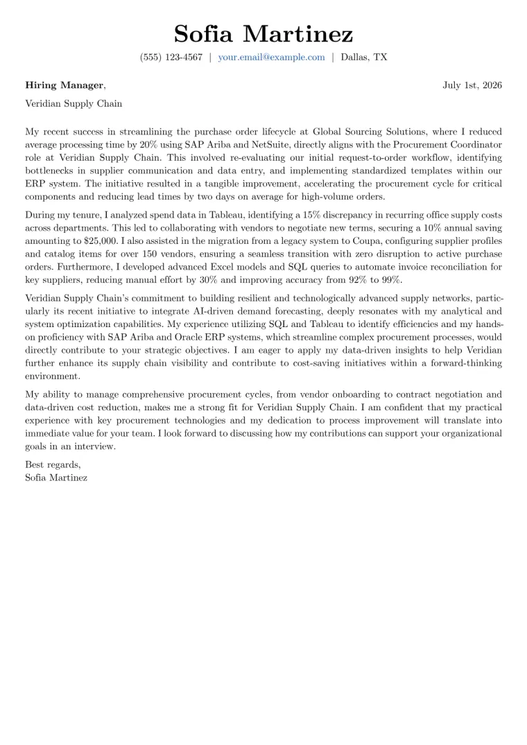 Procurement Coordinator Cover Letter Example