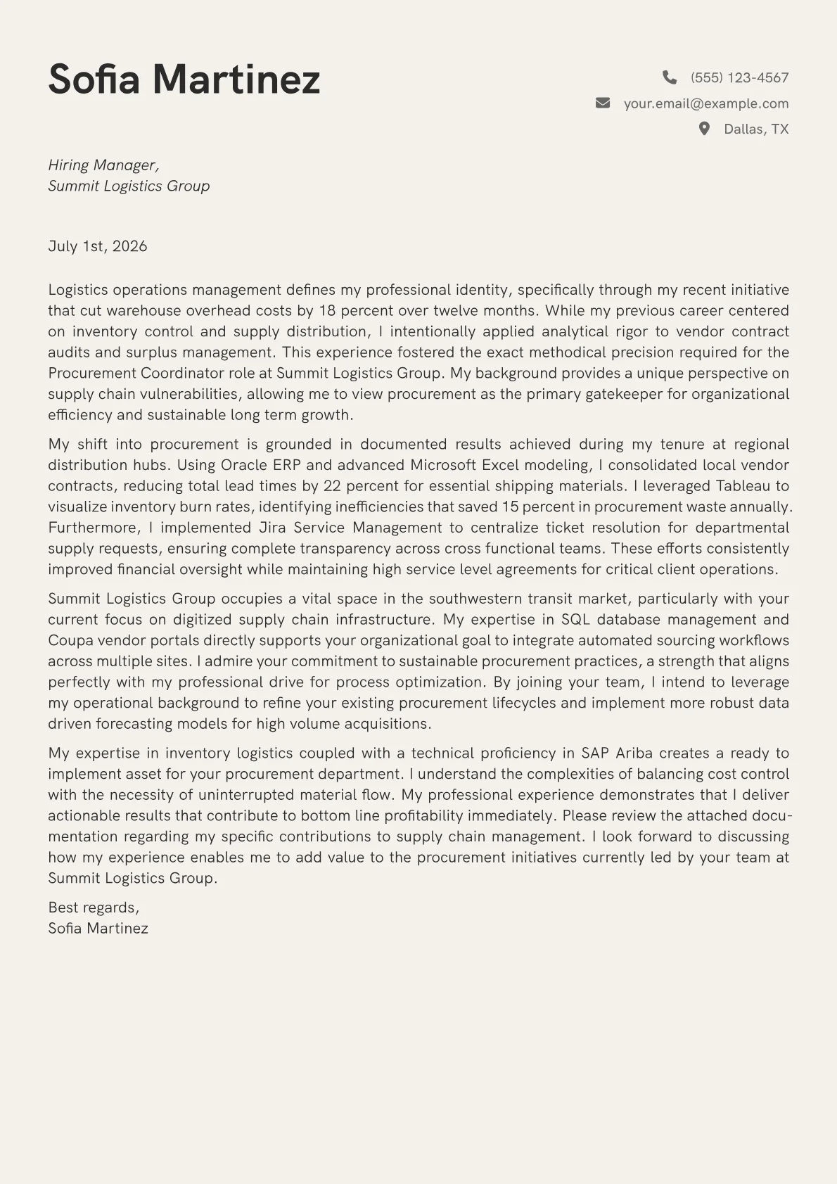 Procurement Coordinator cover letter in the Creative design