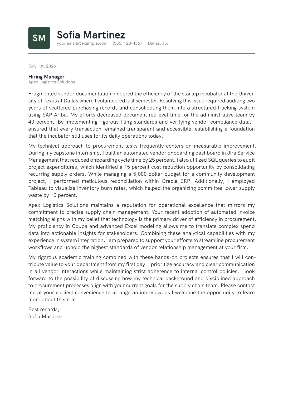 Procurement Coordinator cover letter in the Emblem design