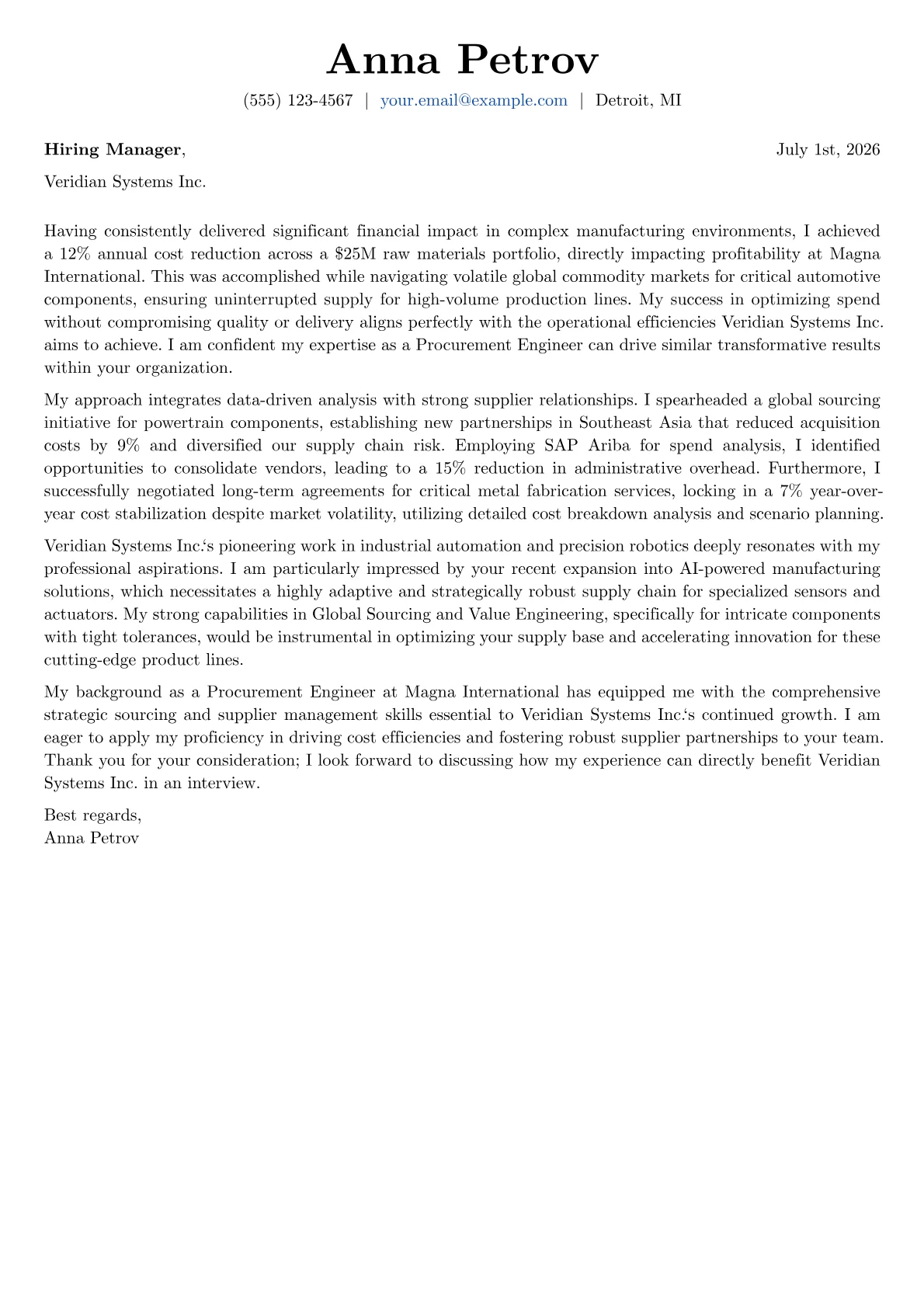 Procurement Engineer cover letter formatted with a JobSprout template