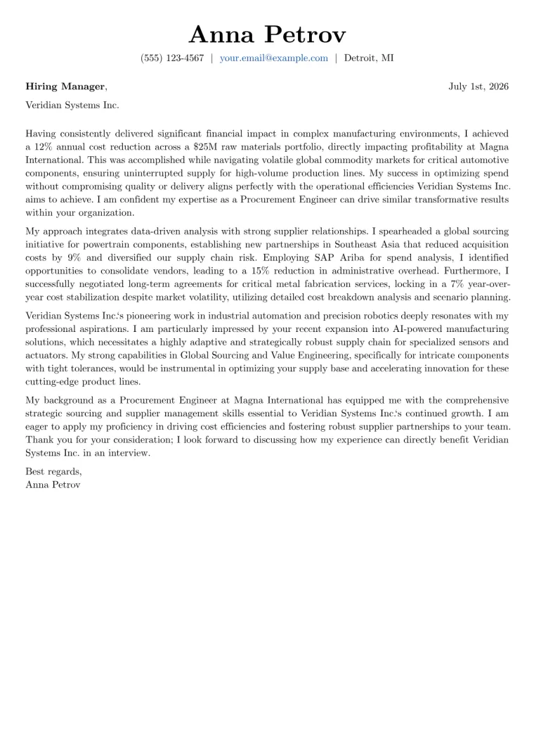 Procurement Engineer cover letter example preview