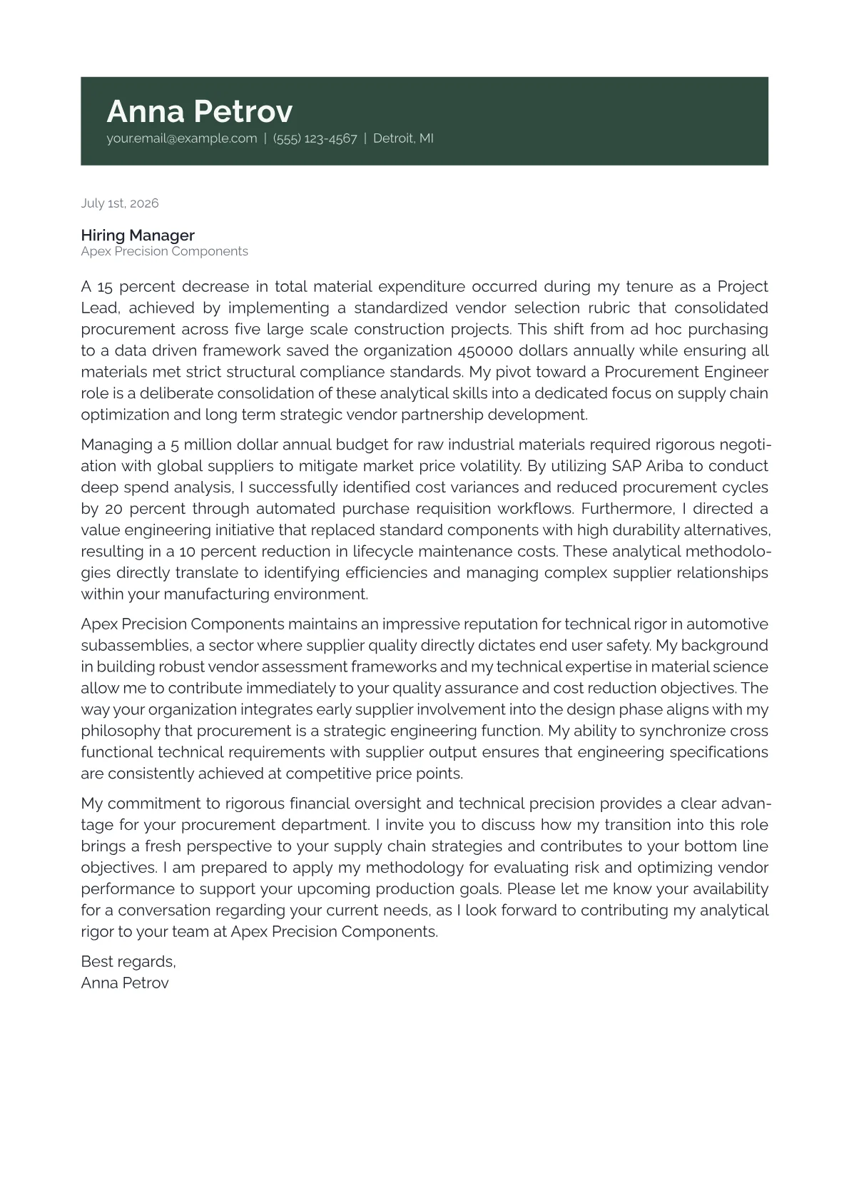 Procurement Engineer cover letter in the Banner design