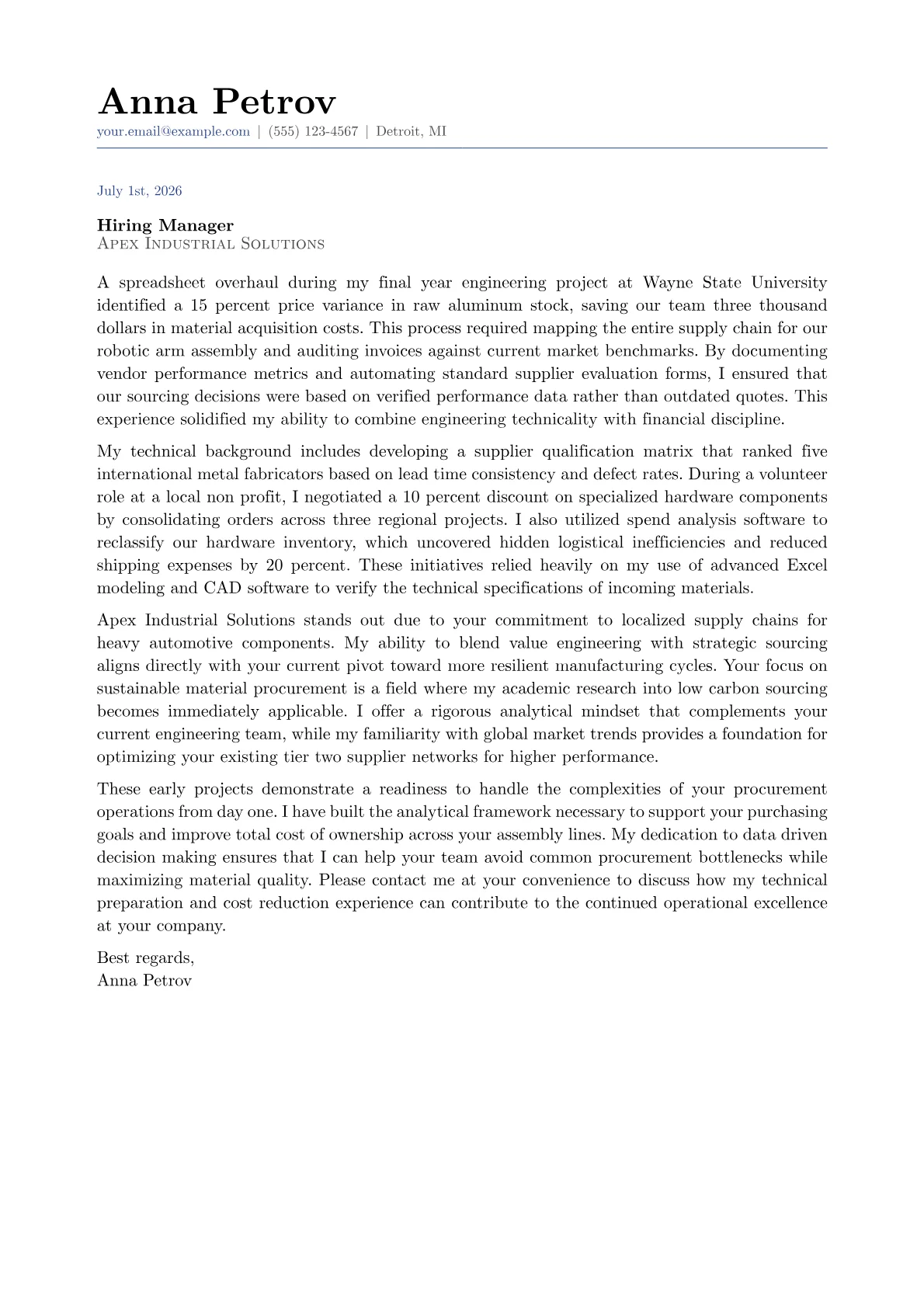 Procurement Engineer cover letter in the Classic design