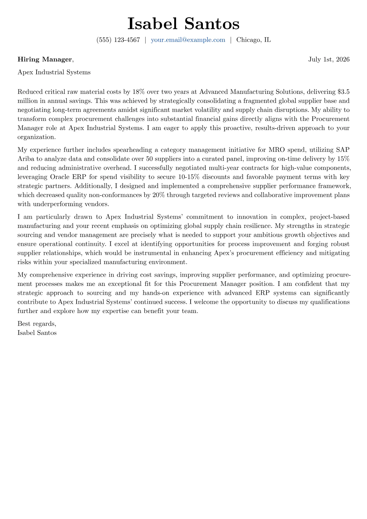 Procurement Manager cover letter formatted with a JobSprout template