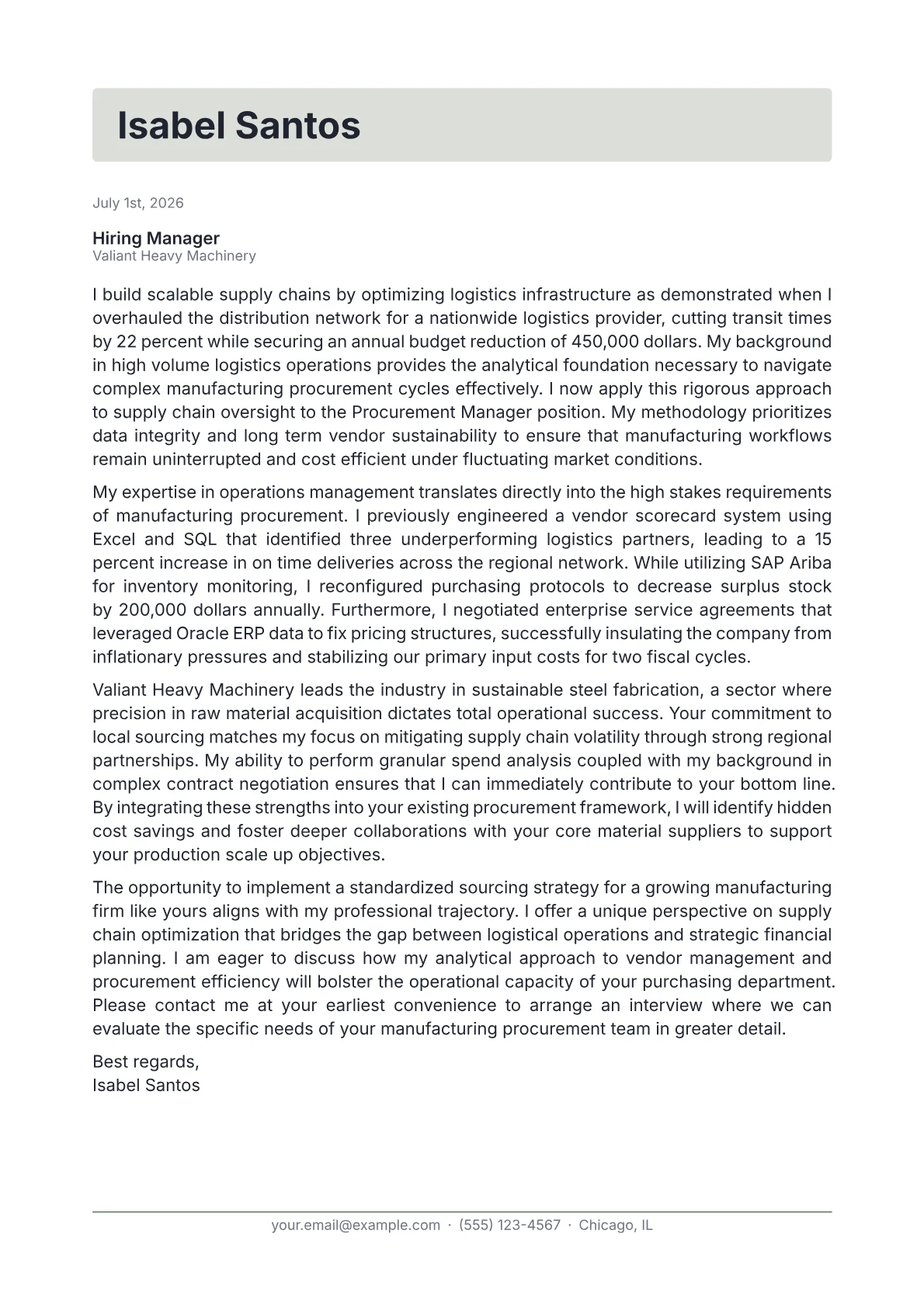 Procurement Manager cover letter in the Letterhead design