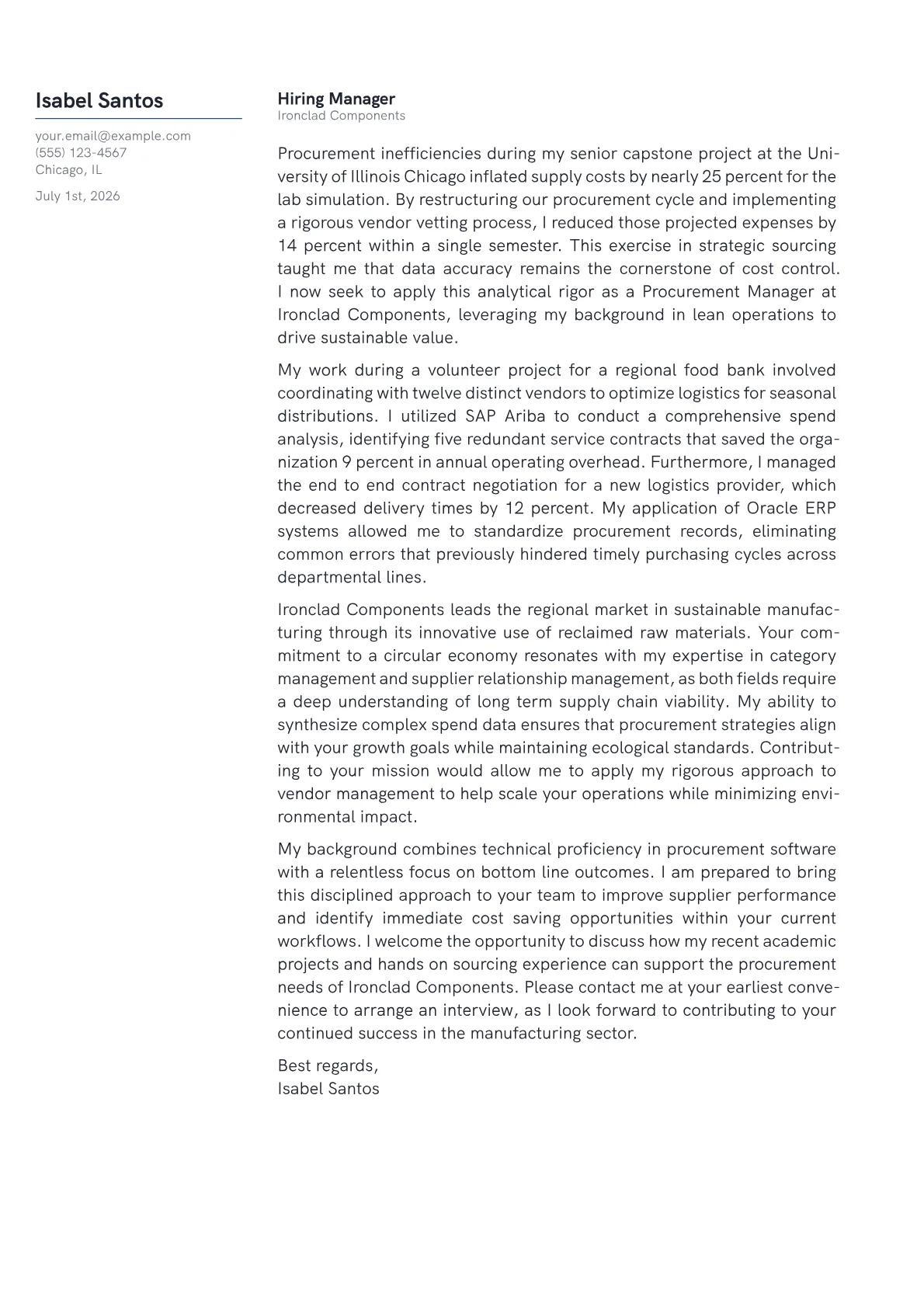 Procurement Manager cover letter in the Margin design