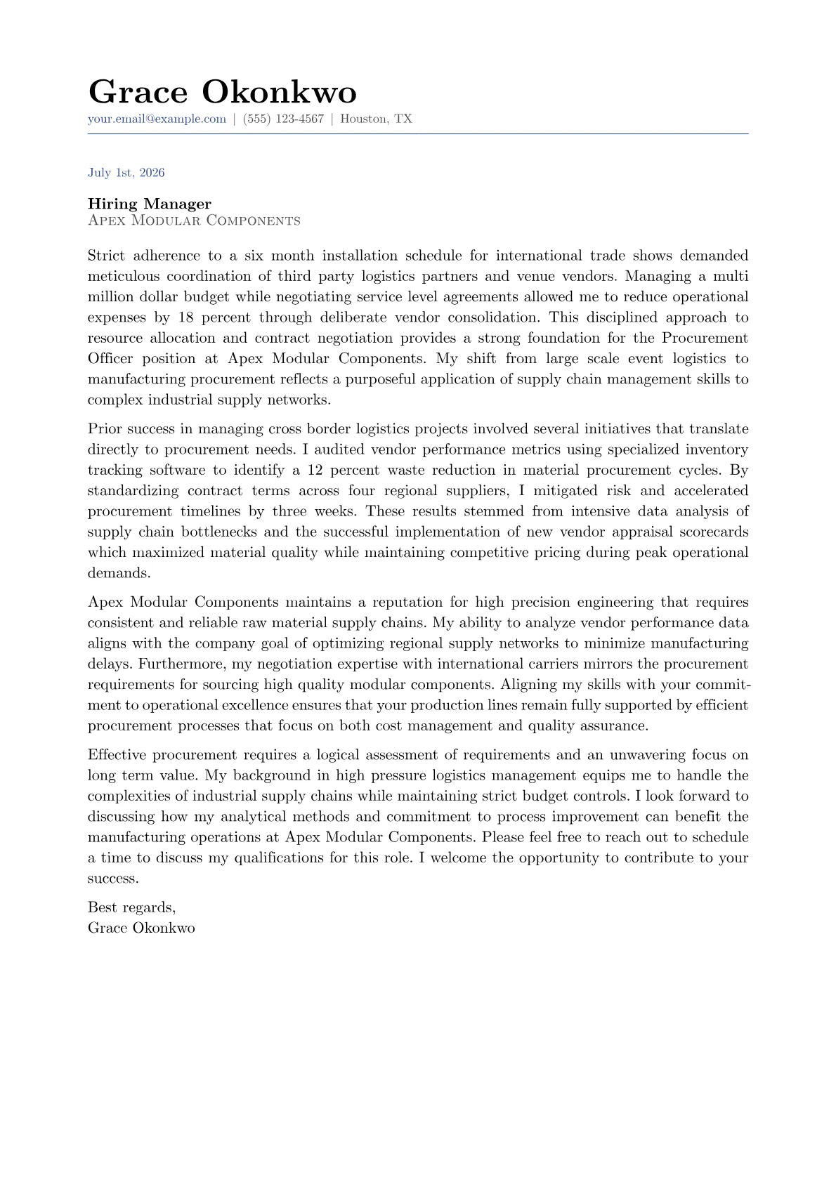 Procurement Officer cover letter in the Classic design
