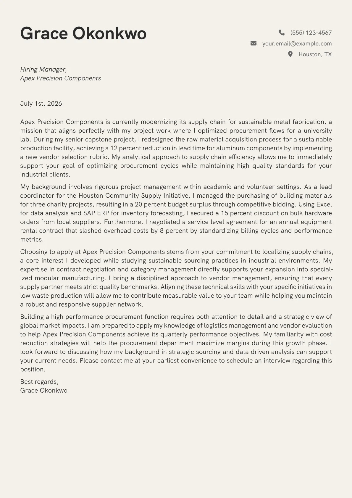 Procurement Officer cover letter in the Creative design