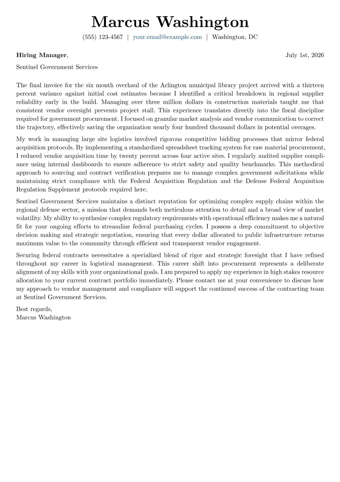 Procurement Officer Government cover letter in the Basic design