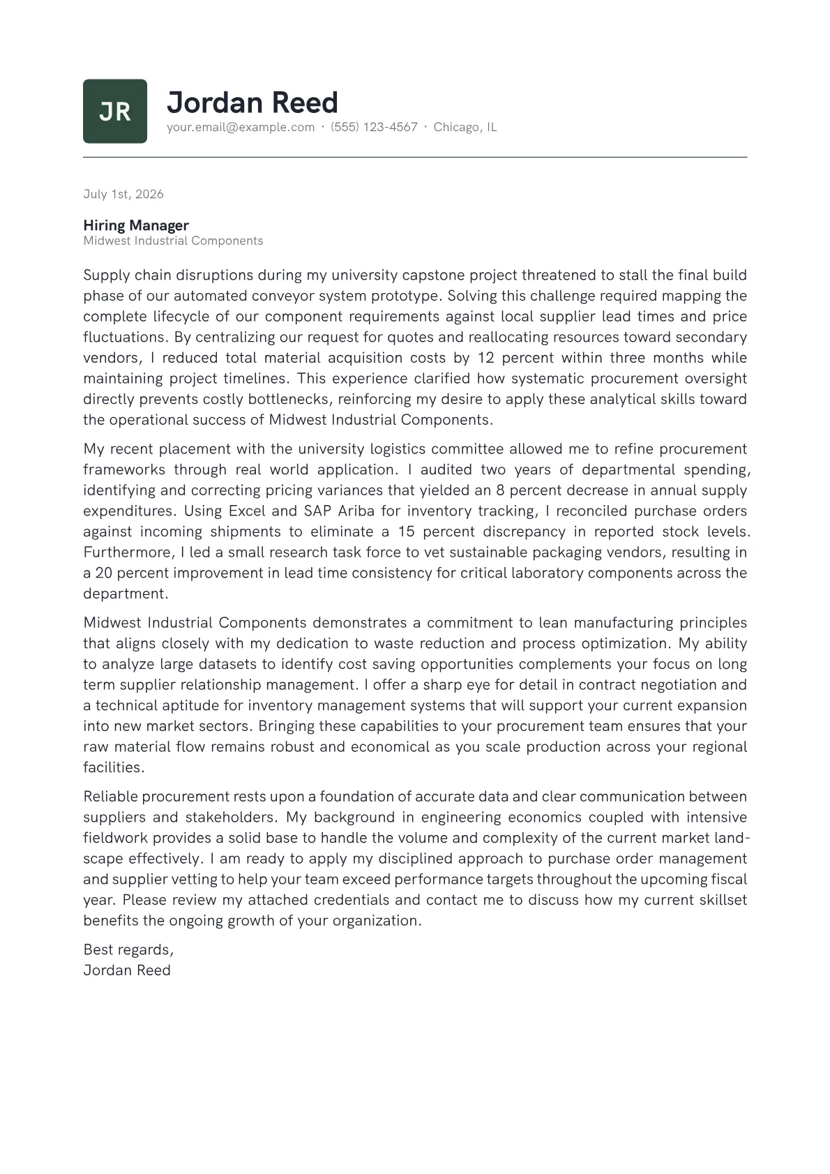 Procurement Specialist cover letter in the Emblem design