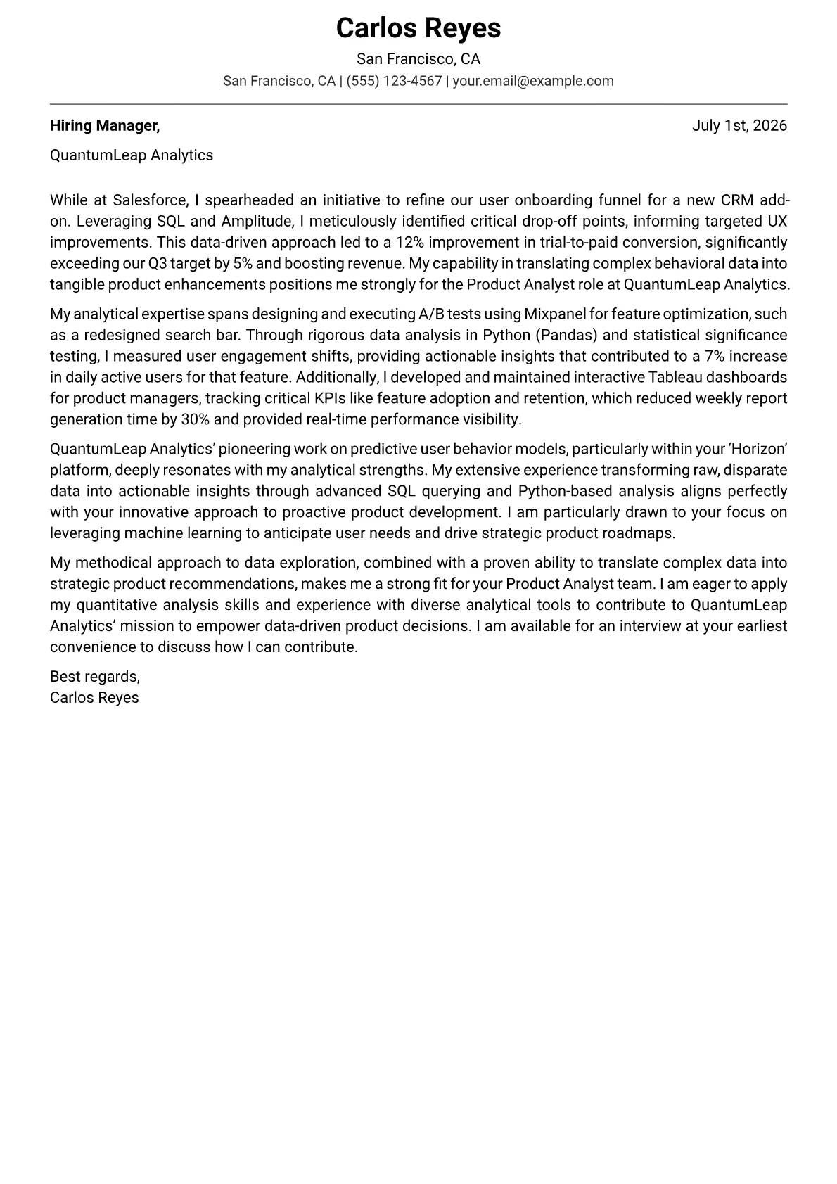 Product Analyst cover letter formatted with a JobSprout template