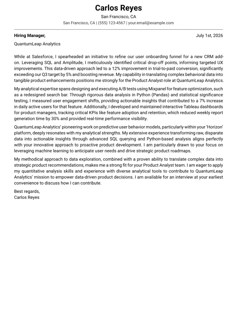 Product Analyst cover letter example