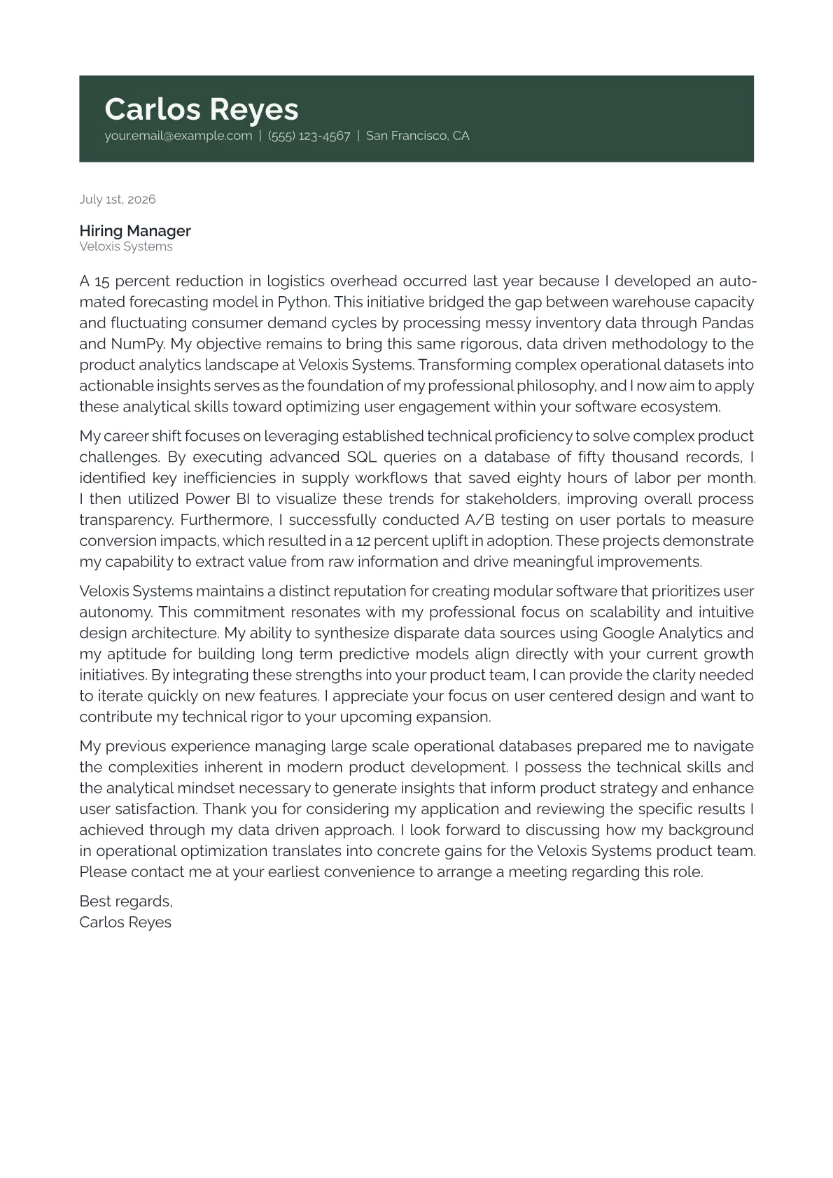 Product Analyst cover letter in the Banner design
