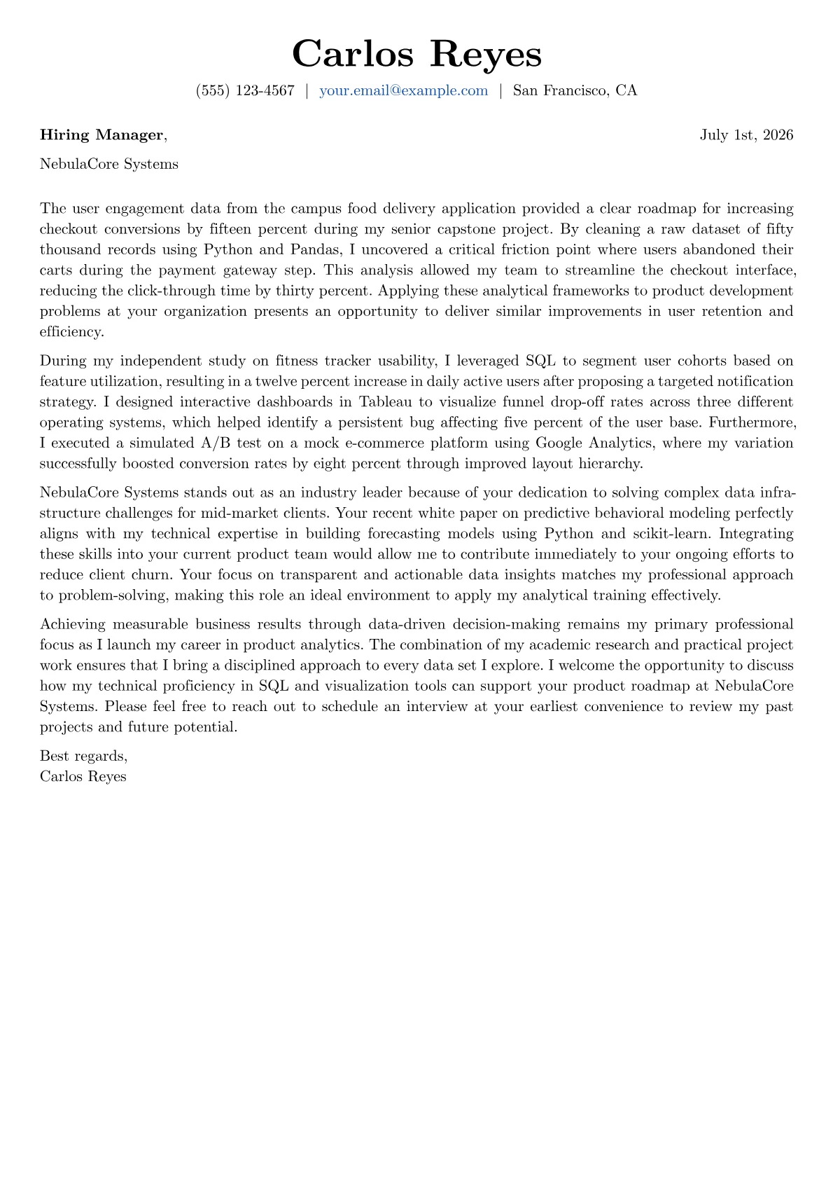 Product Analyst cover letter in the Basic design