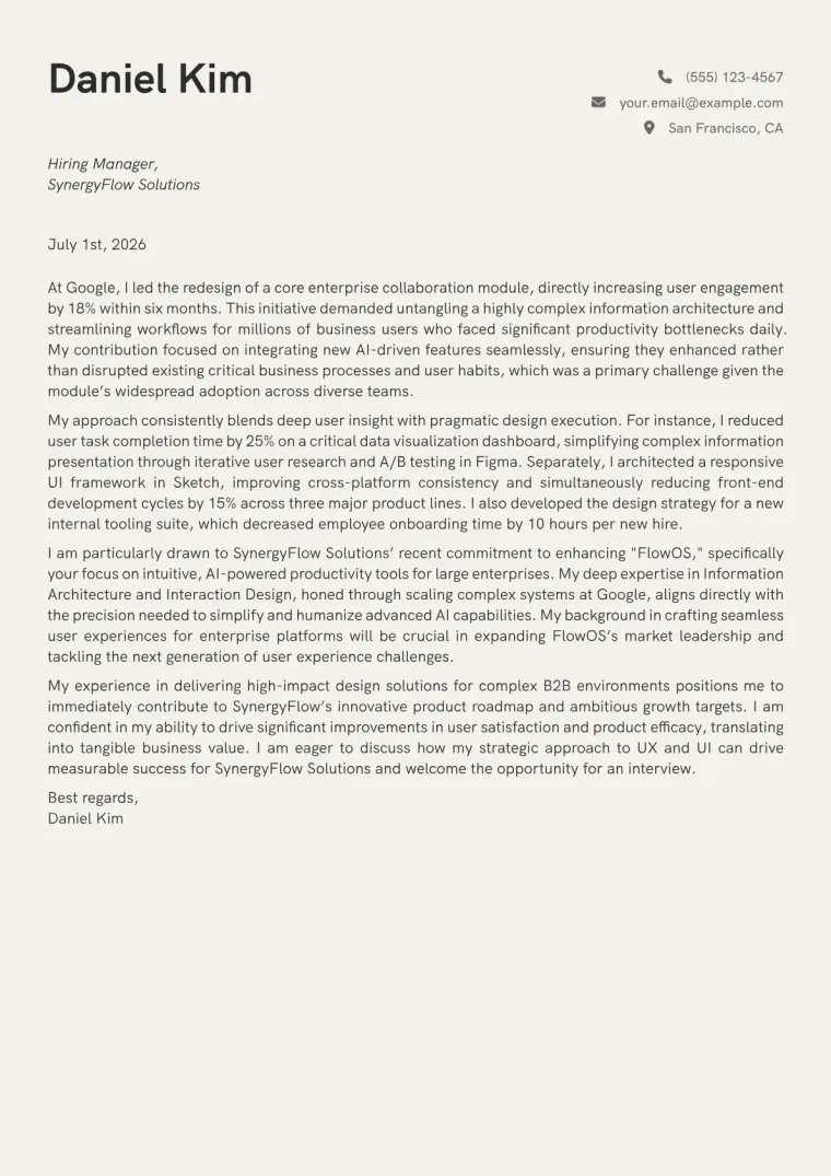 Product Designer Cover Letter Example