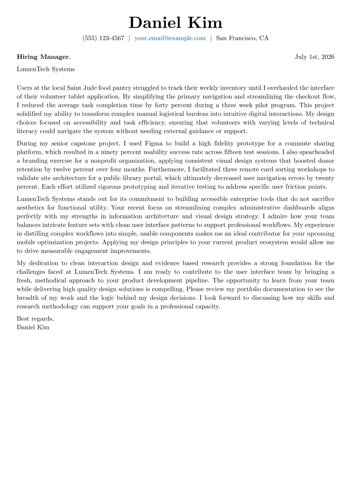 Product Designer cover letter in the Basic design