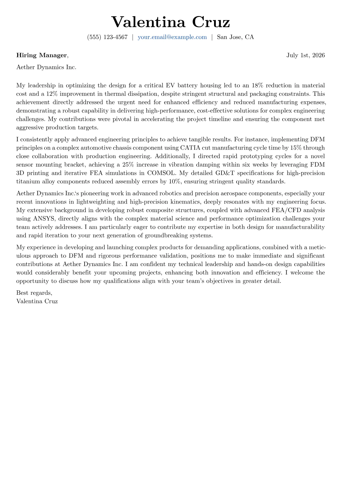 Product Development Engineer cover letter formatted with a JobSprout template